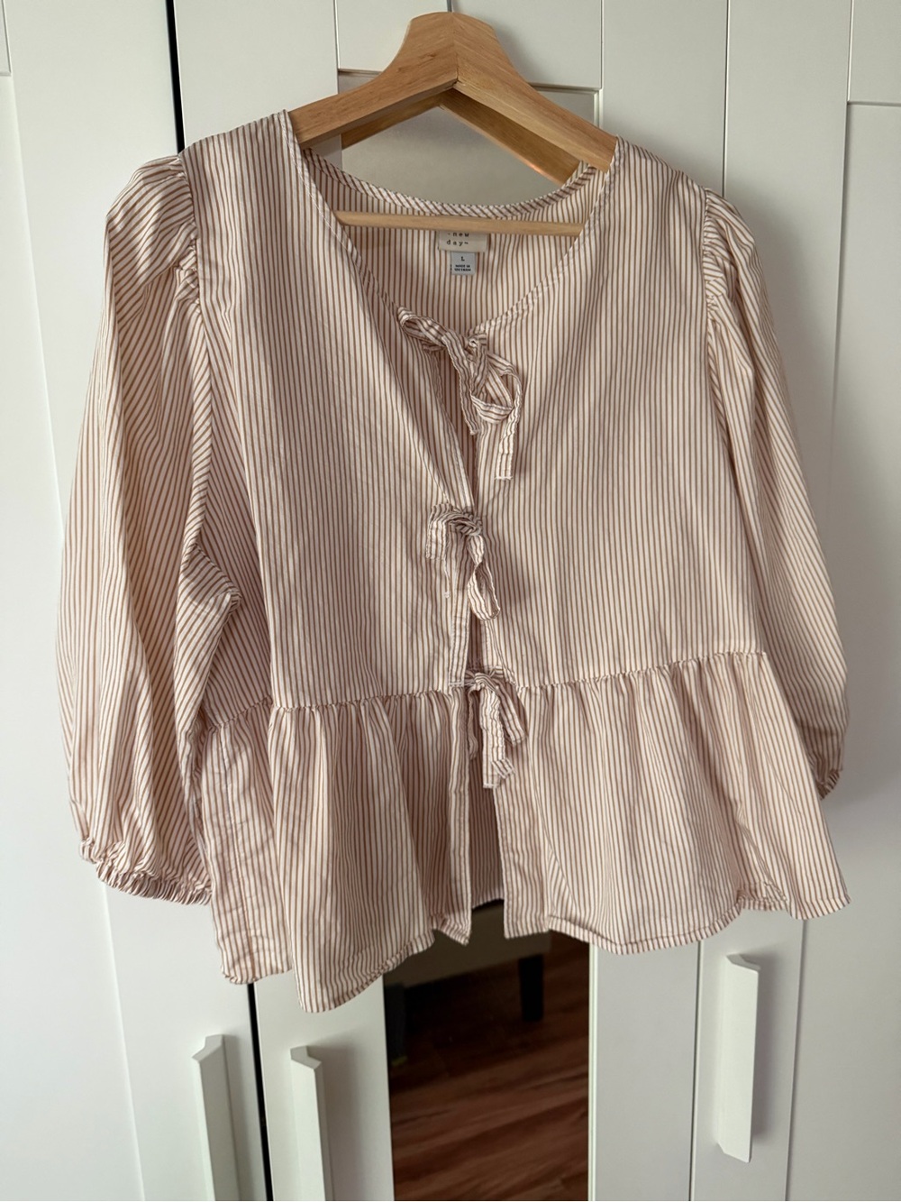 Striped Tie-Front Peplum Blouse - Tan Cream